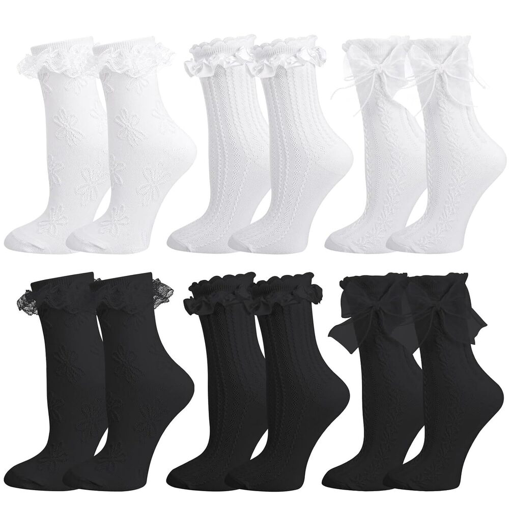 6 Pairs Lace Ruffle Crew Socks for Women, Cotton Cute Princess Ankle